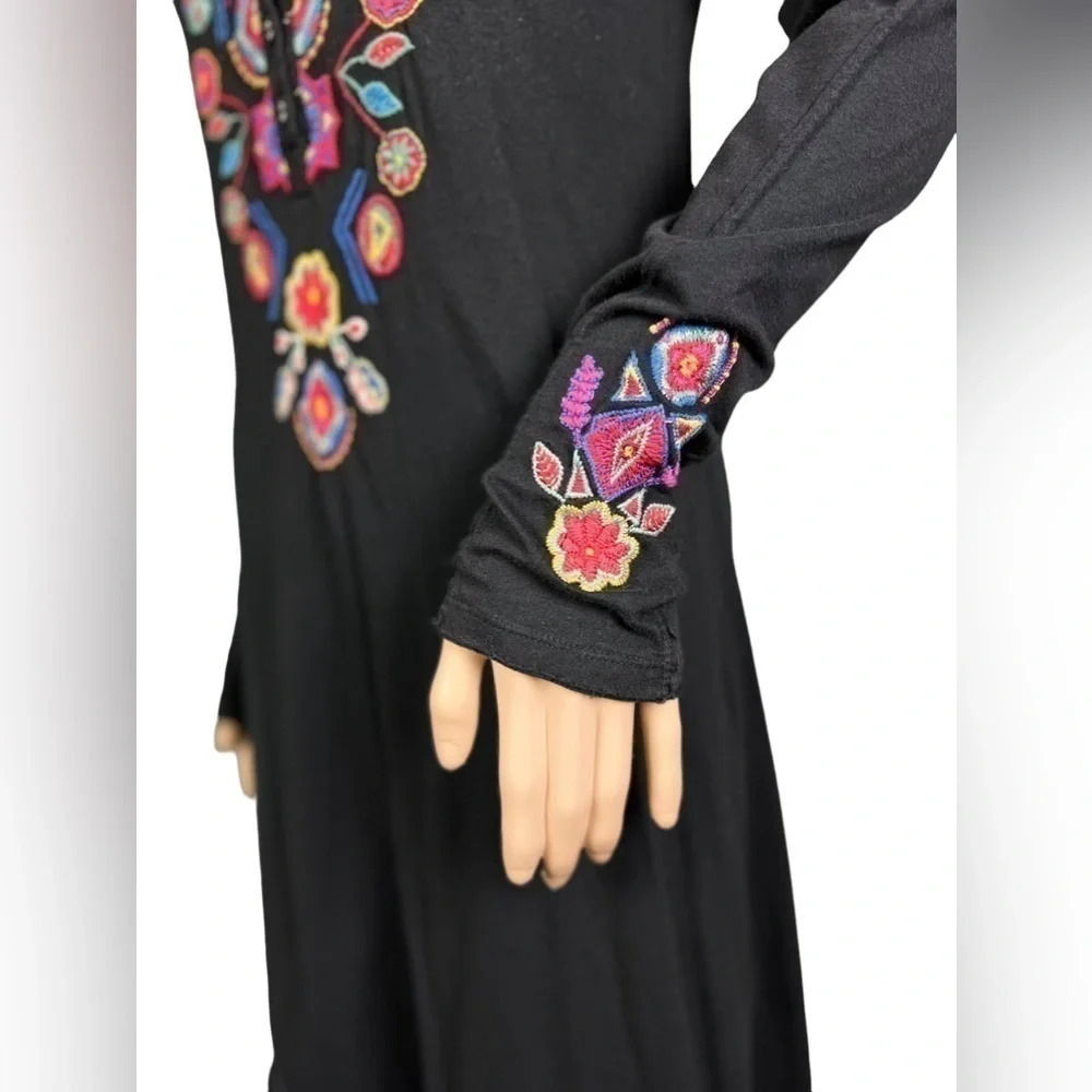 JOHNNY WAS COTTON BLACK FLORAL EMBROIDERED LONG SLEEVE DRESS SIZE XS - Picture 4 of 8